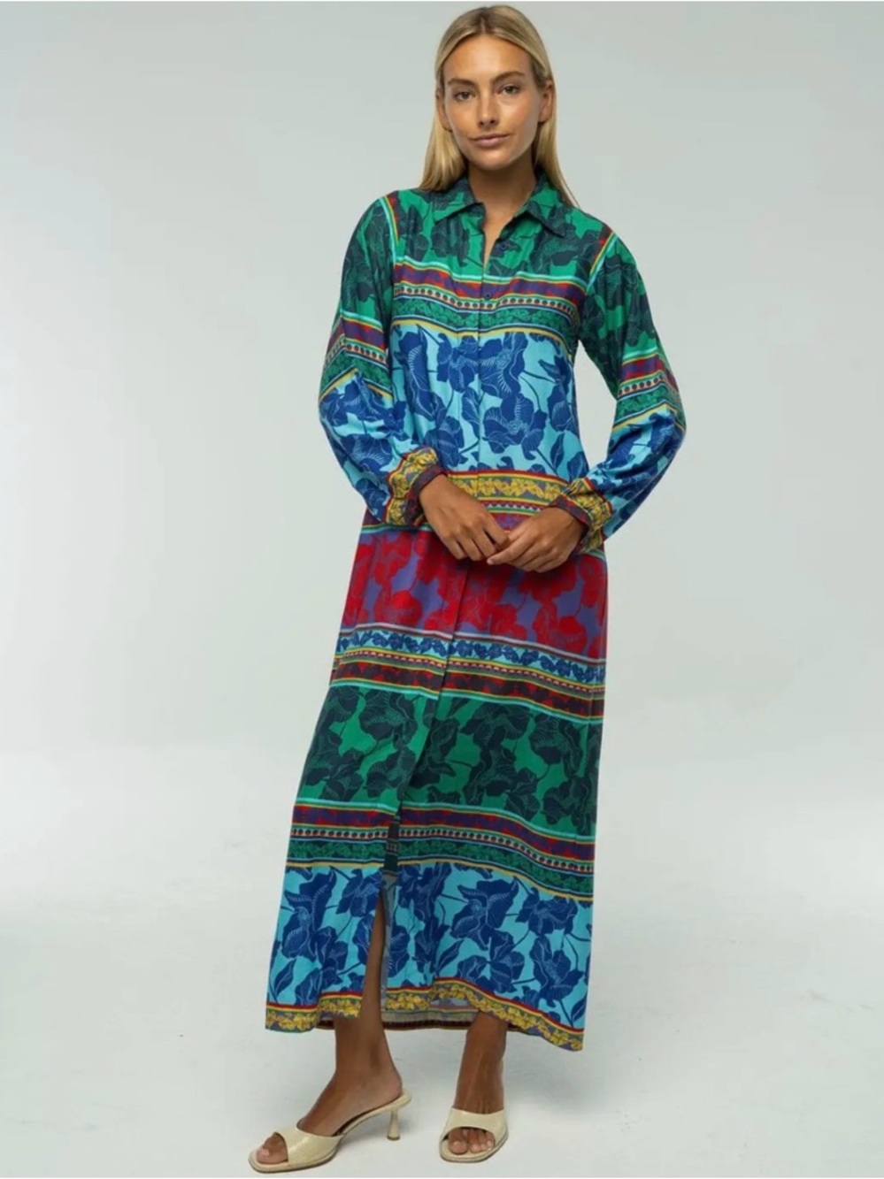 Multicolor Floral Panel Maxi Shirt Dress - Green/Blue/Red